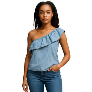 American Eagle Light Blue Denim One Shoulder Ruffled Jean Shirt Lyocell SIZE XS